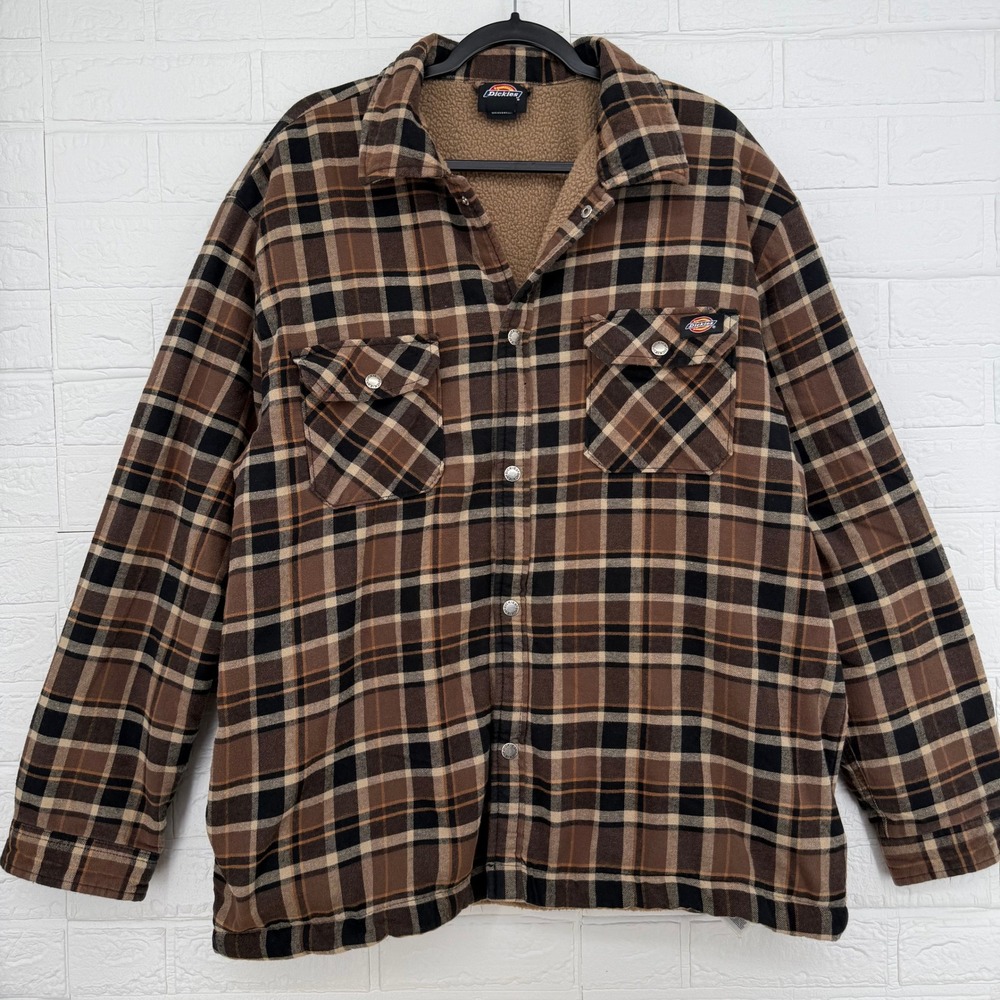 Dickies Flannel Shirt Jacket Mens XL Brown Plaid Sherpa Lined Workwear Coat
